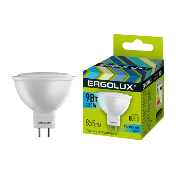 Лампа светодиодная Ergolux JCDR GU5.3 9W 4500К 180-240V софит (1/10/100)