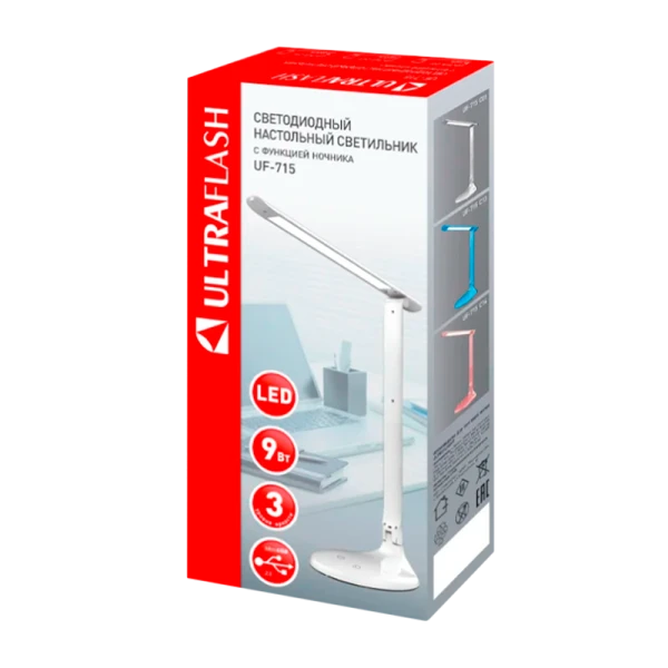Светильник настольный Ultraflash UF-715 9W 220V 1LED на основании сенс. 3 ур.ярк.+ночник белый (1/30