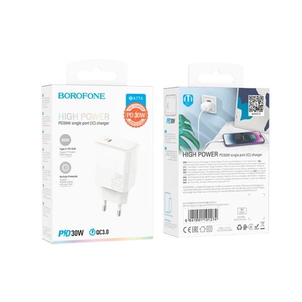 Сетевое З/У Borofone BA77A Type-C 3.0A 30W PD3.0 белый (1/46/184)