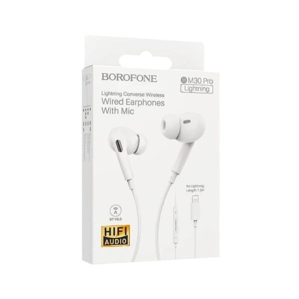 Наушники вставные Borofone BM30 Max с микр. Lightning (m) белый (1/60/240)