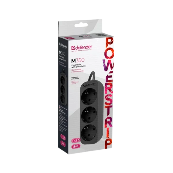 Удлинитель Defender M350 3р.С/З 10A 5.0м черный (1/35)
