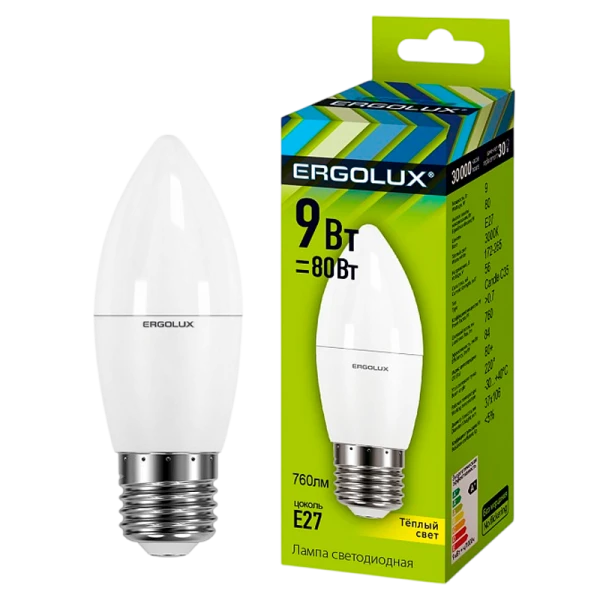 Лампа светодиодная Ergolux C35 E27 9W 3000К 172-265V свеча (1/10/100)