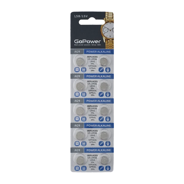Батарейка GoPower G9/LR936/LR45/394A/194 BL10 Alkaline 1.55V (10/100/3600)