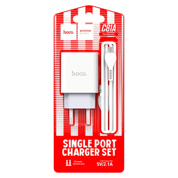 Сетевое З/У HOCO C81A 1USB 2.1A с кабелем microUSB белый (1/23/138)