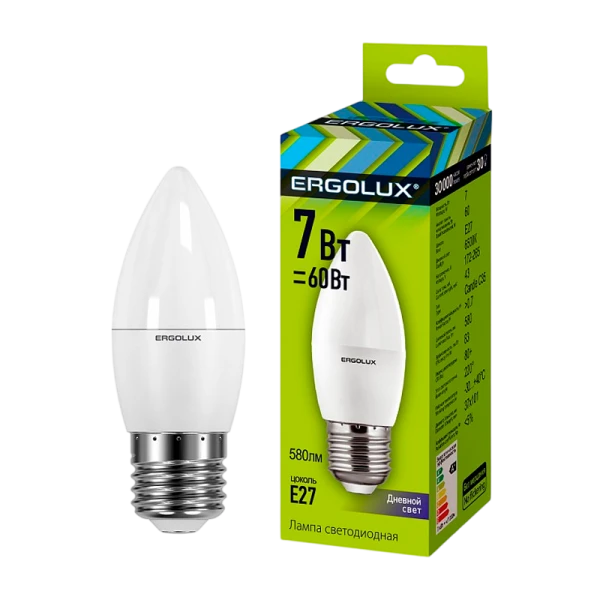 Лампа светодиодная Ergolux C35 E27 7W 6500К 172-265V свеча (1/10/100)
