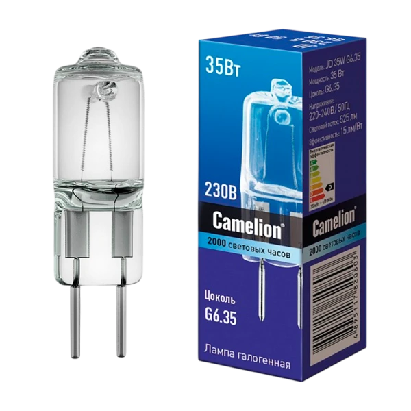 Лампа галогенная Camelion JD G6.35 35W 2800К 220-240V капсула прозрачная (1/5/100)
