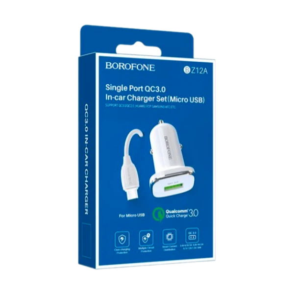 Автомобильное З/У Borofone BZ12A 1USB 3.0A QC3.0 с кабелем microUSB белый (1/44/176)