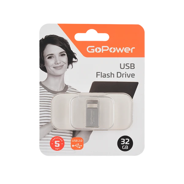 Флеш-накопитель GoPower MINI 32GB USB2.0 металл серебряный (1/50/1000)