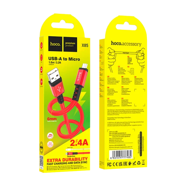 Кабель HOCO X85 USB (m)-microUSB (m) 1.0м 2.4A TPE красный (1/35/350)