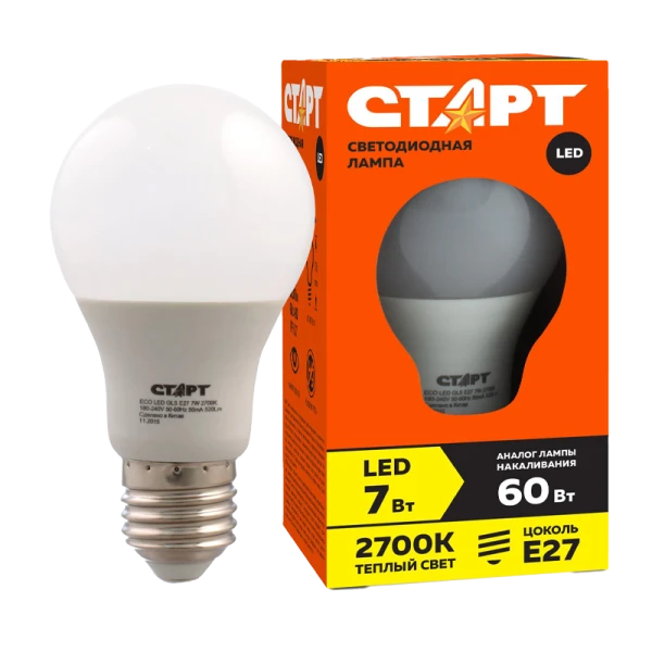 *Лампа светодиодная Старт GLS E27 7W 3000К 220V груша Eco матовая (1/10/100) 
