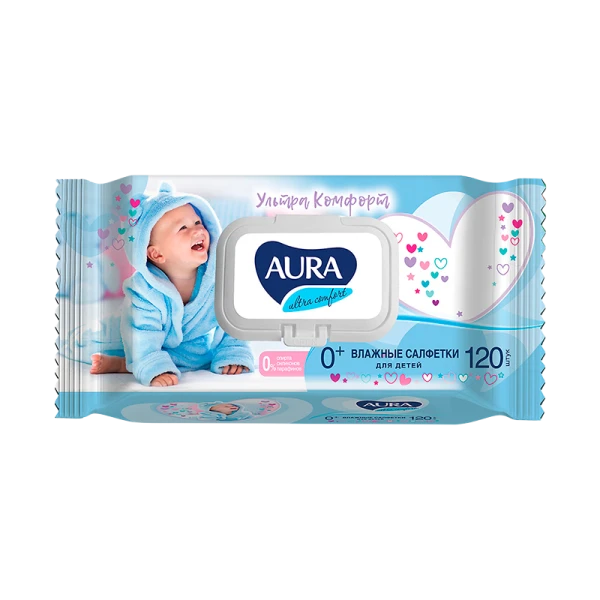 Салфетка Aura для детей с пластиковым клапаном 120шт. (1/12)