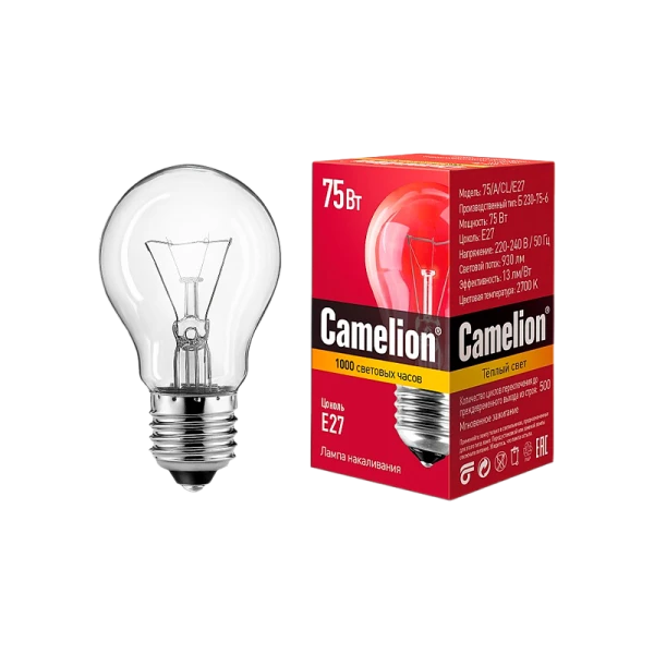 Лампа накаливания Camelion E27 75W 220V груша прозрачная (1/100)