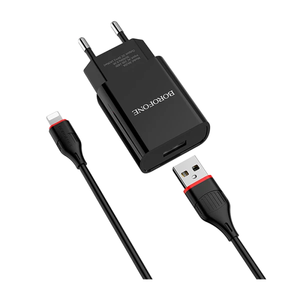 Сетевое З/У Borofone BA20A 1USB 2.1A с кабелем Lightning черный (1/48/192)