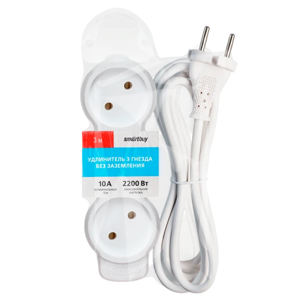 Удлинитель Smartbuy NEW 3р.Б/З 10A 3.0м ПВС 2x1мм² белый (1/50)
