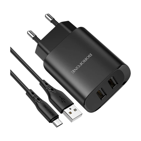Сетевое З/У Borofone BN2 2USB 2.1A с кабелем microUSB черный (1/35/140)