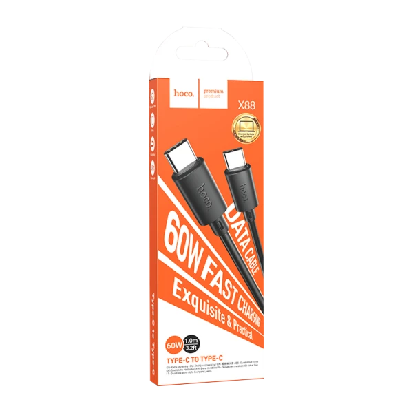 Кабель HOCO X88 Type-C (m)-Type-C (m) 1.0м 60W ПВХ черный (1/420)