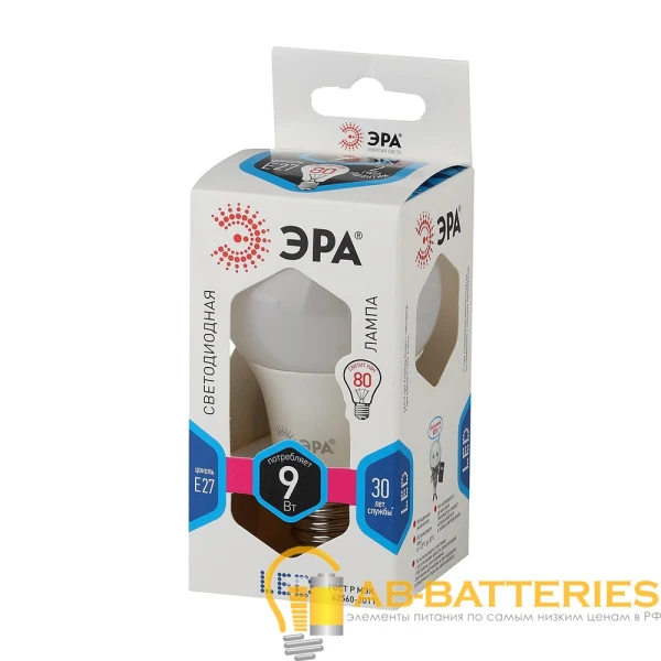 Лампа светодиодная ЭРА A60 E27 9W 4000К 170-265V груша (1/10/100)