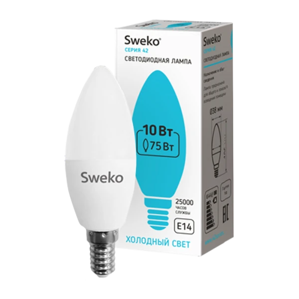 Лампа светодиодная Sweko C35 E14 10W 4000К 230V свеча (1/5/100)