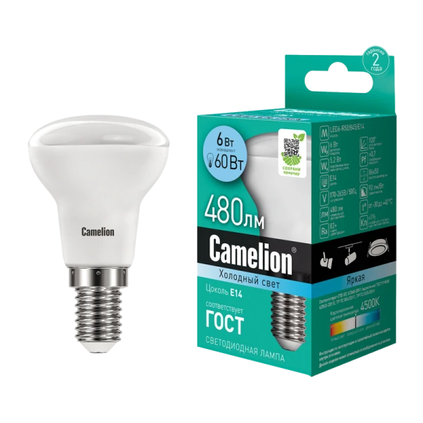 Лампа светодиодная Camelion R50 E14 6W 4500К 170-265V рефлектор матовая (1/10/100)
