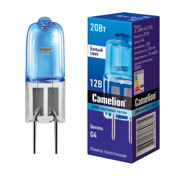 Лампа галогенная Camelion JC G4 20W 3500К 12V капсула прозрачная (1/5/100)