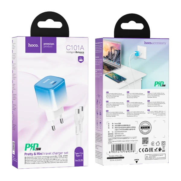 Сетевое З/У HOCO C110A 2Type-C 18W с кабелем Type-C-Lightning белый (1/20/120)