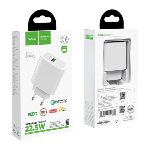 Сетевое З/У HOCO C69A 1USB 3.0A QC3.0 белый (1/12/120)