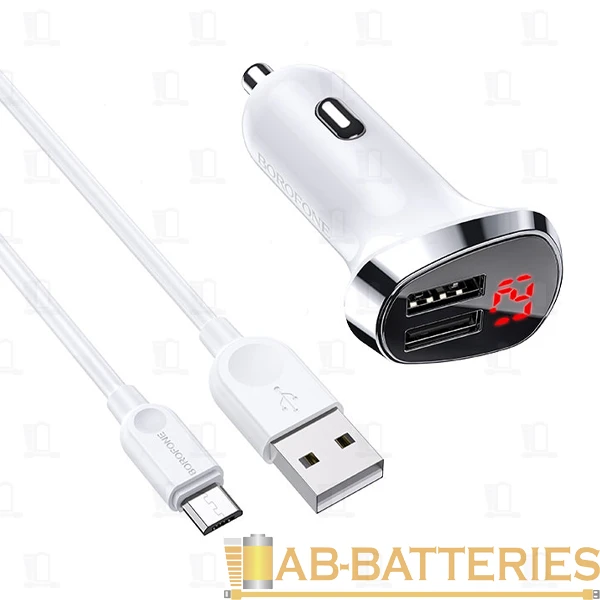 Автомобильное З/У Borofone BZ15 2USB 2.4A дисплей с кабелем Type-C белый (1/40/160)