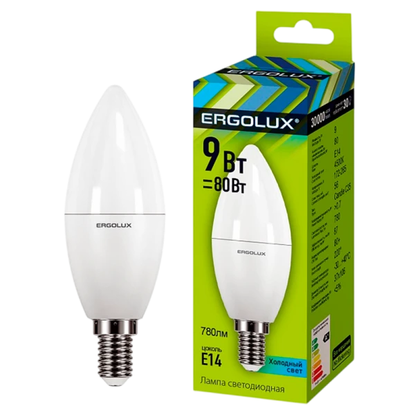 Лампа светодиодная Ergolux C35 E14 9W 4500К 172-265V свеча (1/10/100)
