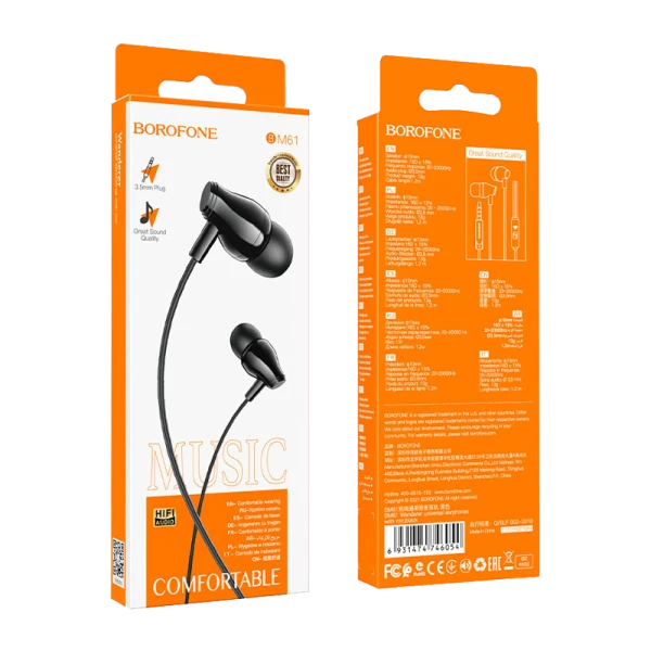 Наушники внутриканальные Borofone BM61 с микр. черный (1/30/420)