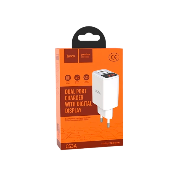 Сетевое З/У HOCO C63A 2USB 2.1A умная зарядка (IC) белый (1/21/126)