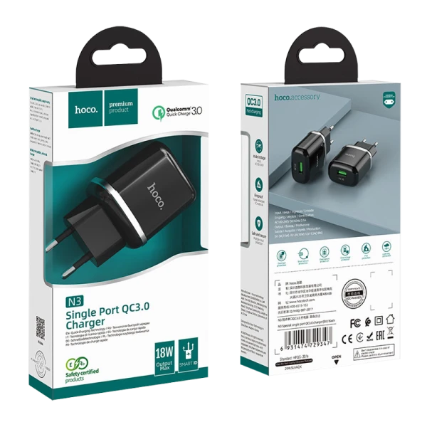 Сетевое З/У HOCO N3 1USB 3.0A 18W QC3.0 черный (1/12/120)