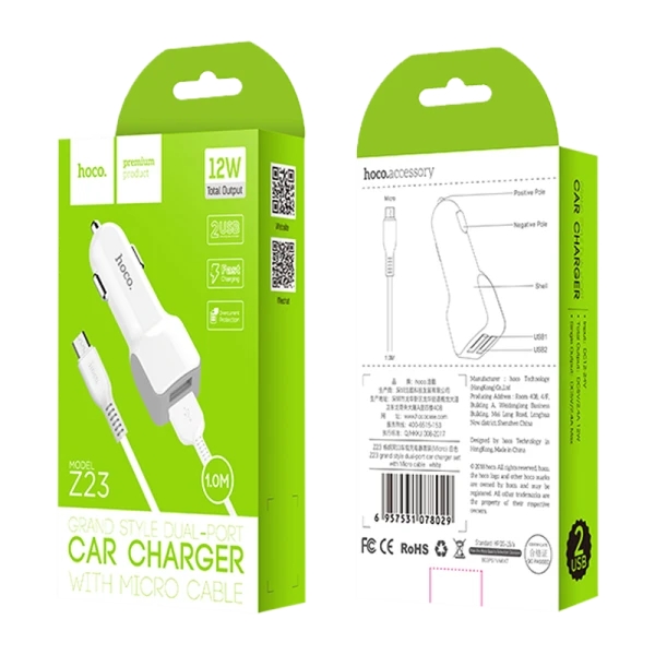 Автомобильное З/У HOCO Z23 2USB 2.4A с кабелем microUSB белый (1/25/250)