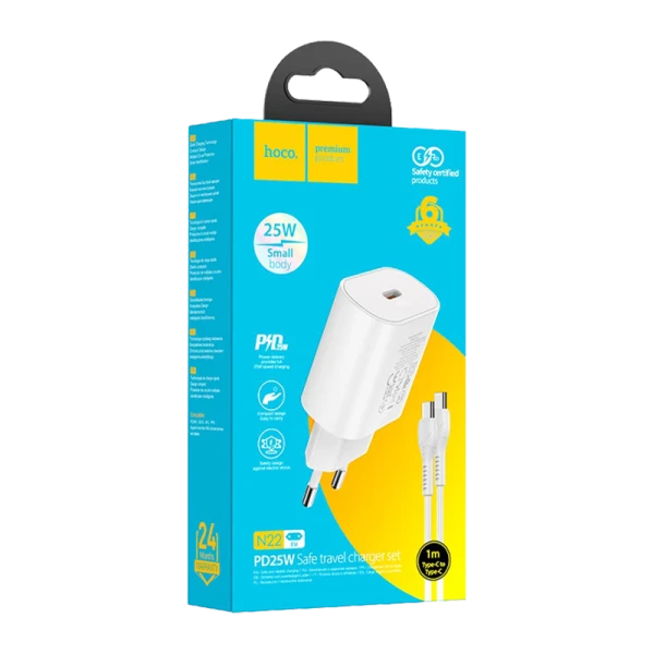 Сетевое З/У HOCO N22 Type-C 3.0A 25W PD3.0 с кабелем Type-C-Type-C 60W белый (1/12/120)