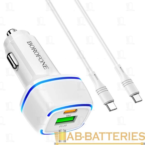 Автомобильное З/У Borofone BZ14A 1USB/Type-C 3.0A 20W QC3.0 с кабелем Type-C-Type-C белый (1/42/168)