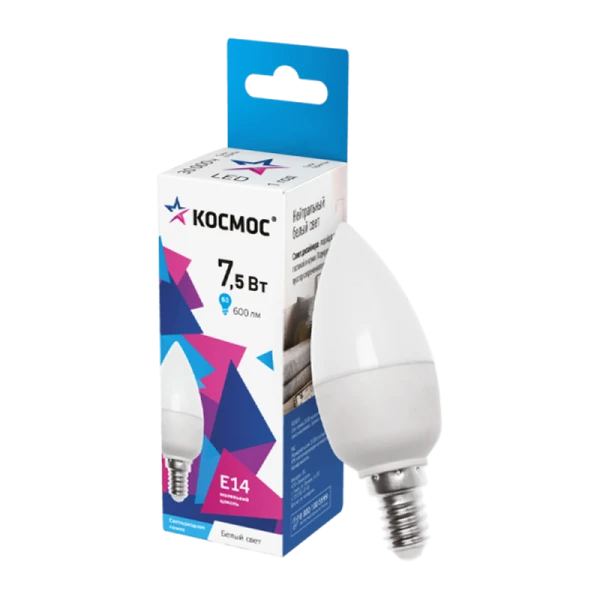 *Лампа светодиодная Космос CN E14 7.5W 4500К 220V свеча матовая (1/10/80) 