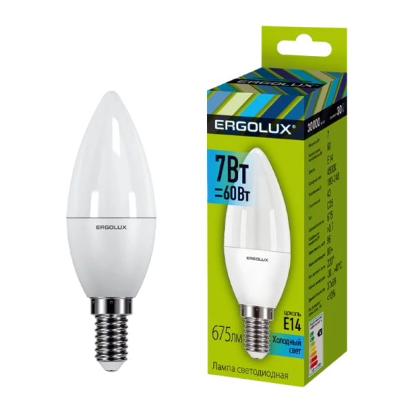 Лампа светодиодная Ergolux C35 E14 7W 4500К 180-240V свеча (1/10/100)