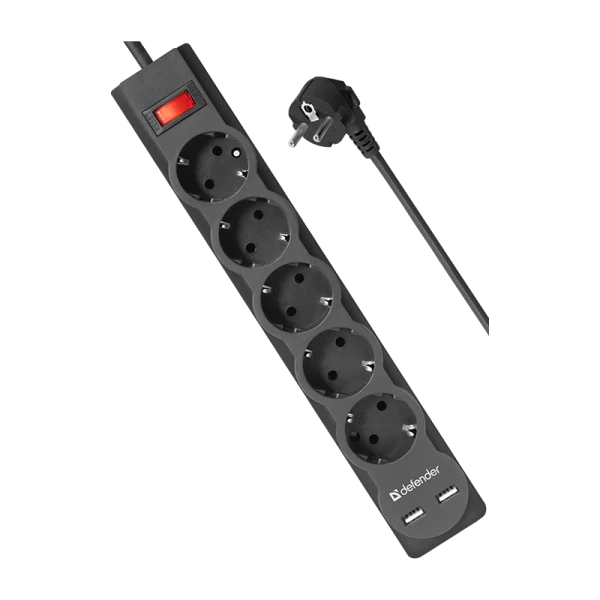 Сетевой фильтр Defender DFS 751 5р.С/З 10A 2USB 220 Дж 1.8м черный (1/30)
