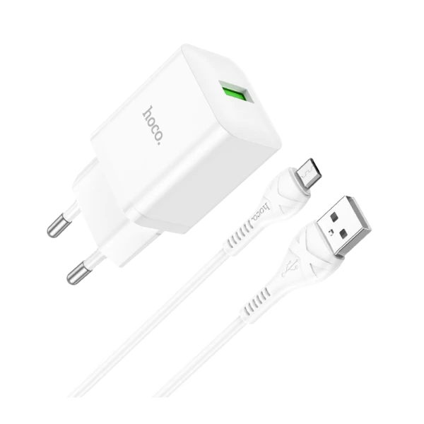 Сетевое З/У HOCO N26 1USB 18W QC3.0 с кабелем microUSB белый (1/13/130)