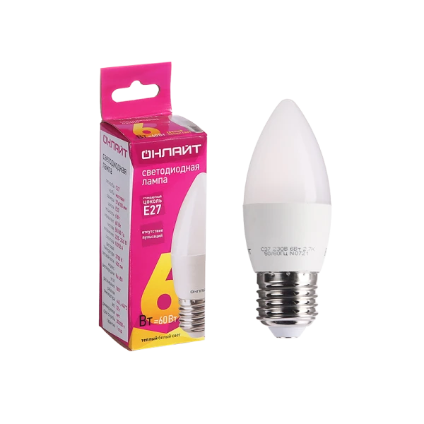 Лампа светодиодная ОНЛАЙТ Свеча 6W Е27 теплый&nbsp;&nbsp;свет (1/10/100)