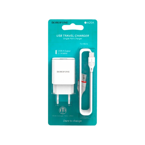 Сетевое З/У Borofone BA20A 1USB 2.1A с кабелем microUSB белый (1/48/192)