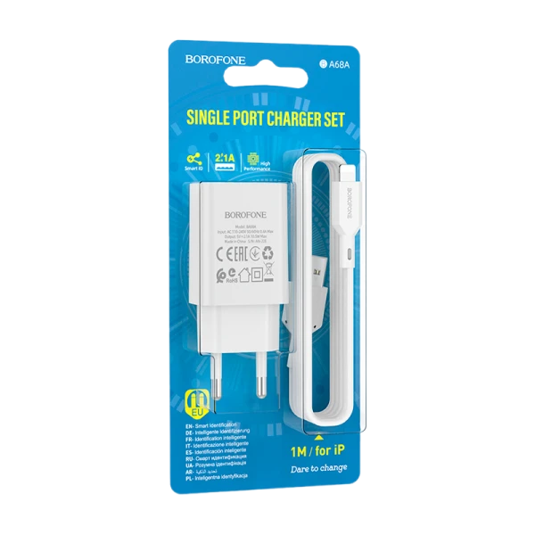 Сетевое З/У Borofone BA68A 1USB Lightning (m) 2.1A белый (1/60/240)