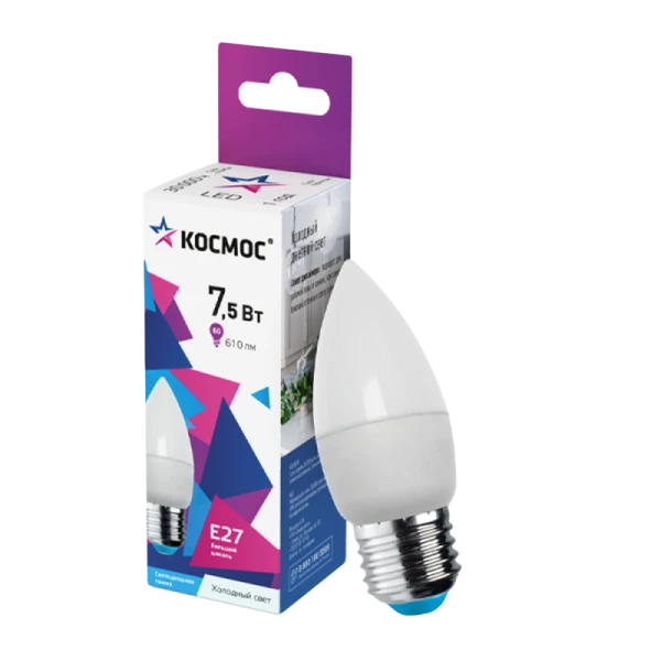 *Лампа светодиодная Космос CN E27 7.5W 6500К 220V свеча матовая (1/10/80) 