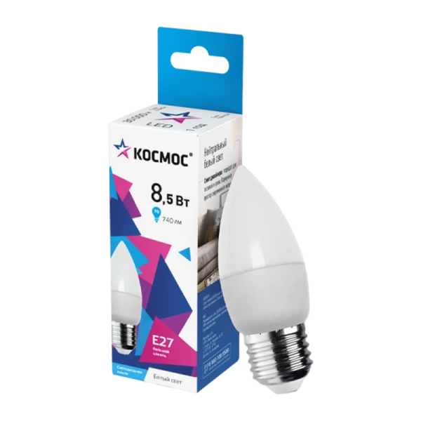 *Лампа светодиодная Космос CN E27 8.5W 4500К 220V свеча матовая (1/10/80) 