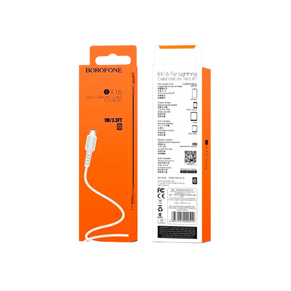 Кабель Borofone BX16 USB (m)-microUSB (m) 1.0м 2.4A ПВХ белый (1/648)