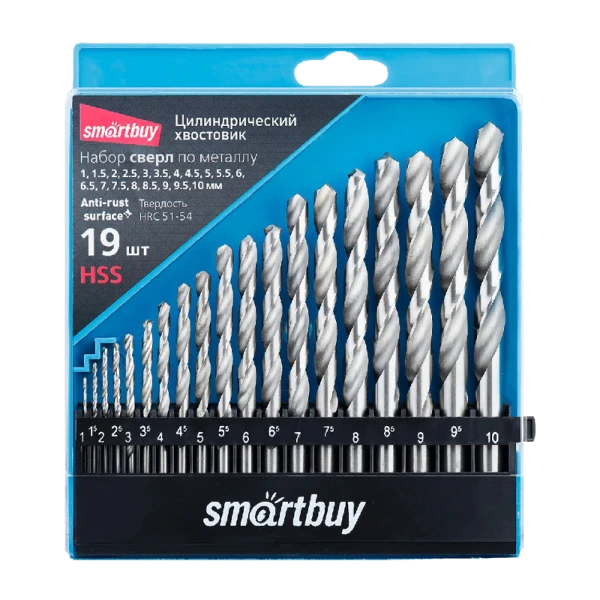 Набор 19 сверл по металлу, D от 1 до 10 мм с шагом 0.5 мм, до HRC62, кейс Smartbuy tools/30