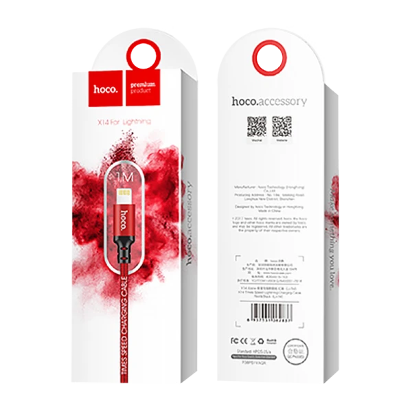 Кабель HOCO X14 USB (m)-Lightning (m) 1.0м 2.0A нейлон красный черный (1/33/330)