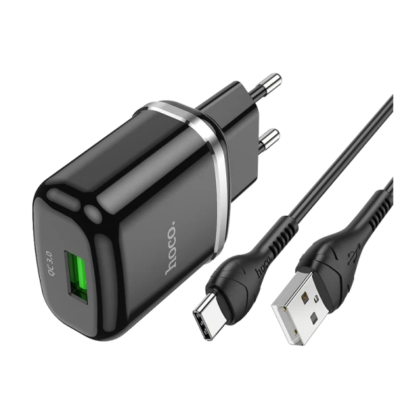 Сетевое З/У HOCO N3 1USB 3.0A 18W QC3.0 с кабелем Type-C черный (1/12/120)