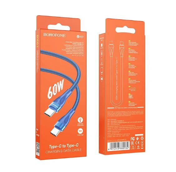 Кабель Borofone BX61 Type-C (m)-Type-C (m) 1.0м 3.0A нейлон синий (1/360)