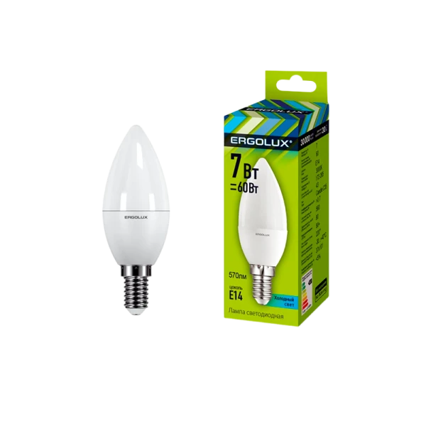 Лампа светодиодная Ergolux C35 E14 7W 3000К 172-265V свеча (1/10/100)