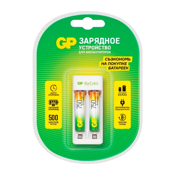 З/У для аккумуляторов GP E211/75AAAHCCS-2CR1 AA/AAA Ni-MH 2 слота +2AAA 750mAh (1/5/10)